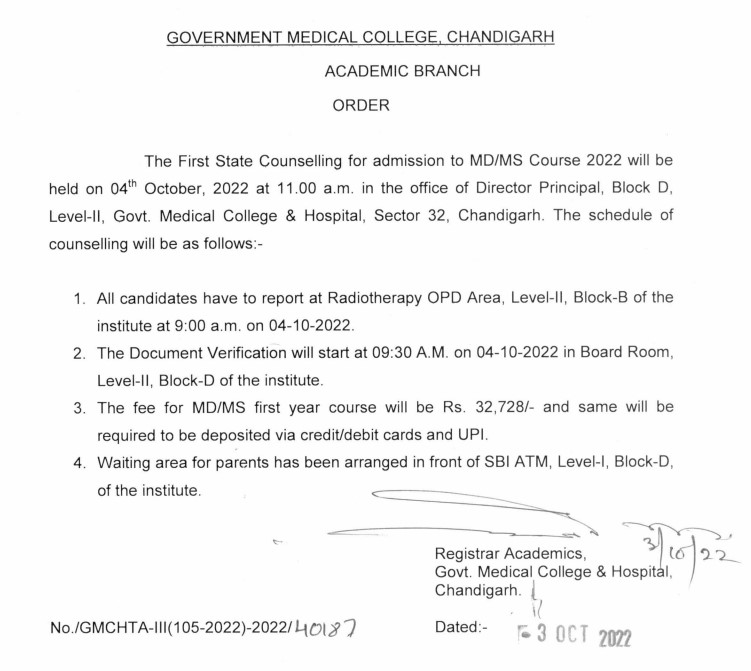 Chandigarh NEET PG 1st state Counselling